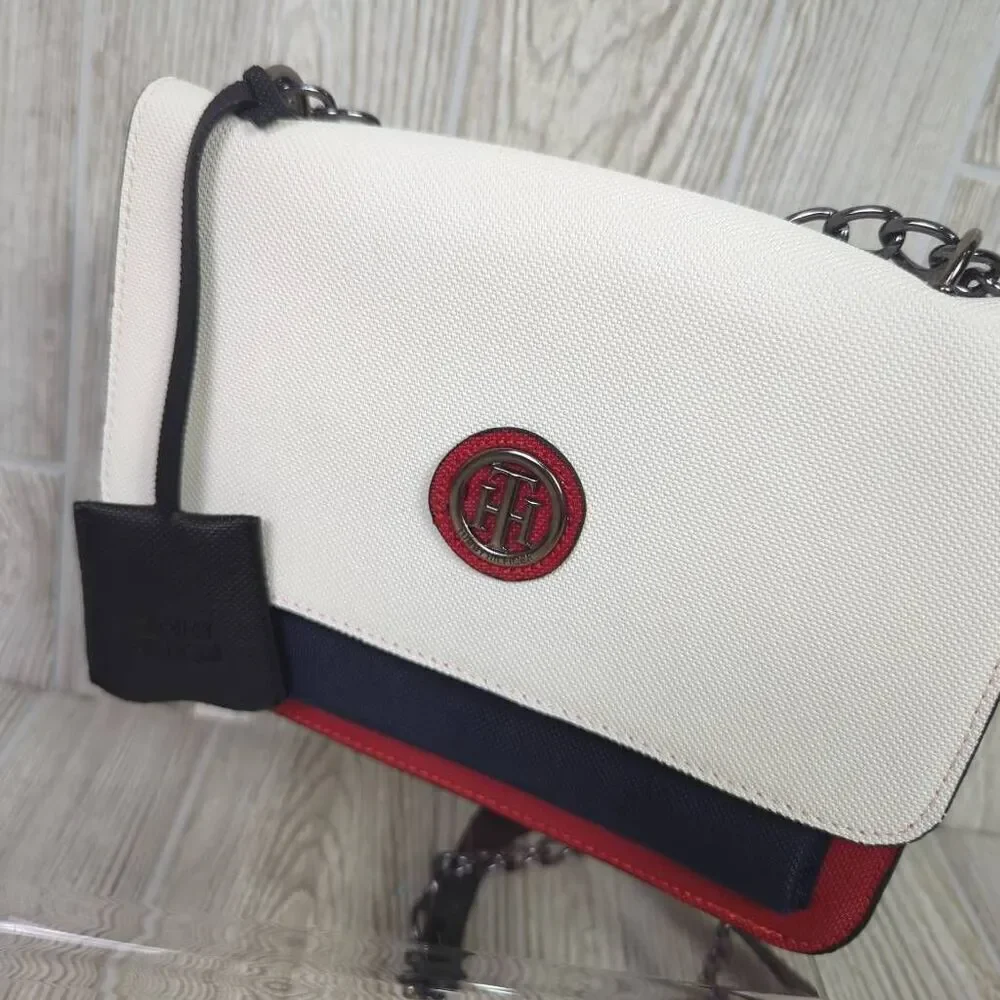 Tommy Hilfiger Classic Colorblock Blue White Red Chain Crossbody Bag Faux Leathe